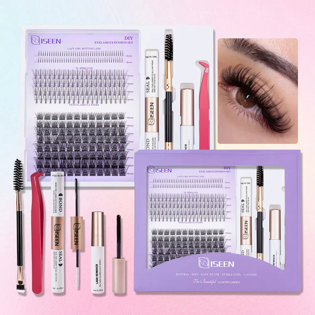 Elevate Your Look with Our DIY Lash Extension Kit – Mix Styles of Lash Clusters, Bond & Seal Remover, Tweezers, and Lash Brush for Flawless Self-Application!