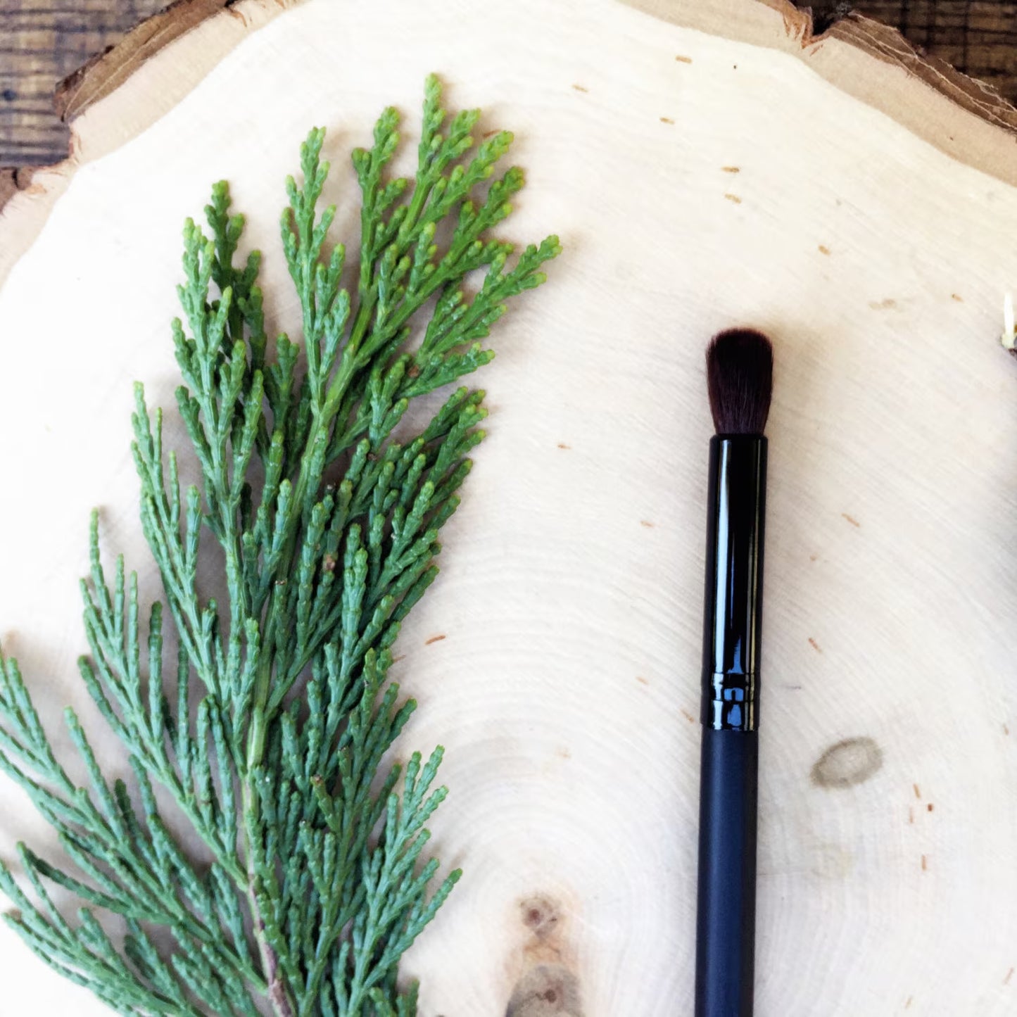 Eye Definer/Blender Brush • Brown Vegan Faux • Cruelty Free • Matte Black Wood Handle and Black Ferrules • Cream and Powder • Dye Free