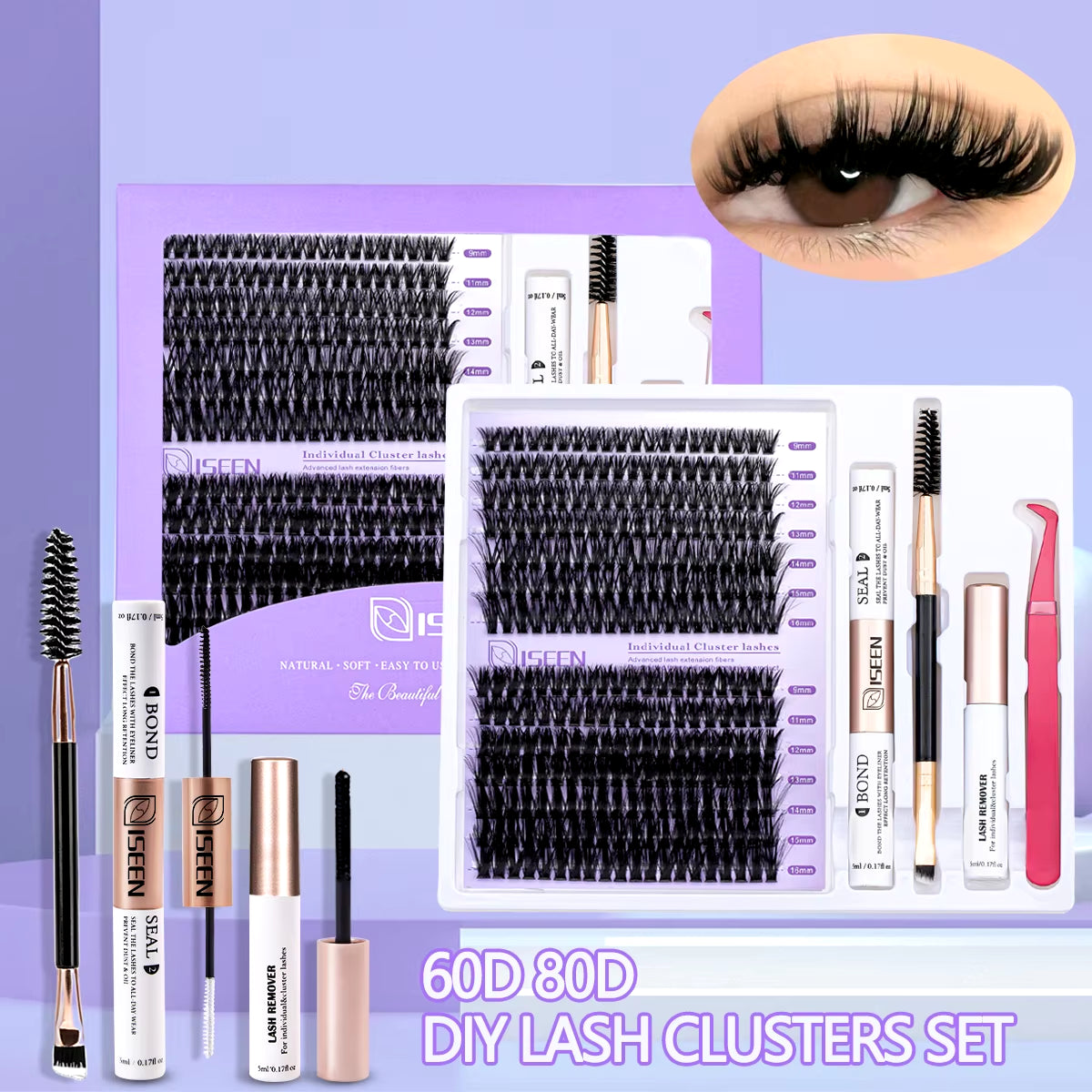 Elevate Your Look with Our DIY Lash Extension Kit – Mix Styles of Lash Clusters, Bond & Seal Remover, Tweezers, and Lash Brush for Flawless Self-Application!