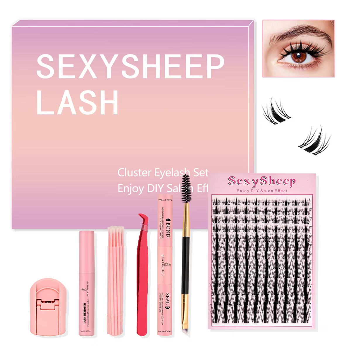 Elevate Your Look with Our DIY Lash Extension Kit – Mix Styles of Lash Clusters, Bond & Seal Remover, Tweezers, and Lash Brush for Flawless Self-Application!