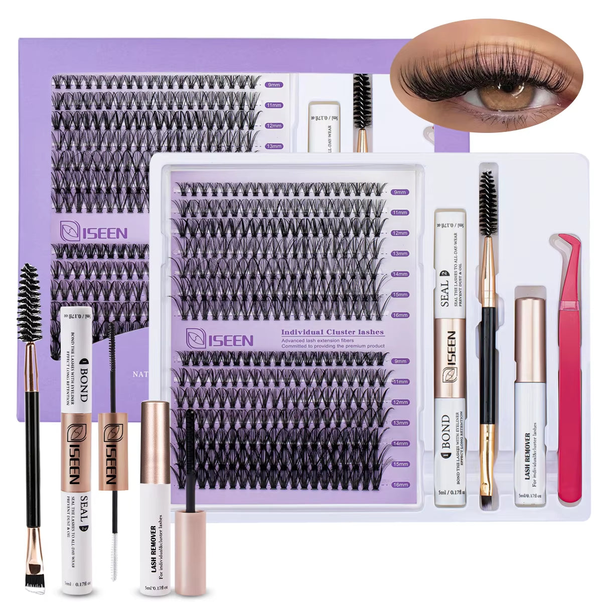 Elevate Your Look with Our DIY Lash Extension Kit – Mix Styles of Lash Clusters, Bond & Seal Remover, Tweezers, and Lash Brush for Flawless Self-Application!