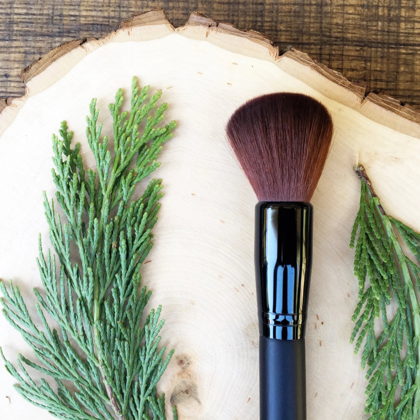 Large Rounded Face Brush • Brown Vegan Faux • Cruelty Free • Matte Black Wood Handle and Black Ferrules • Cream and Powder • Odor + Dye Free