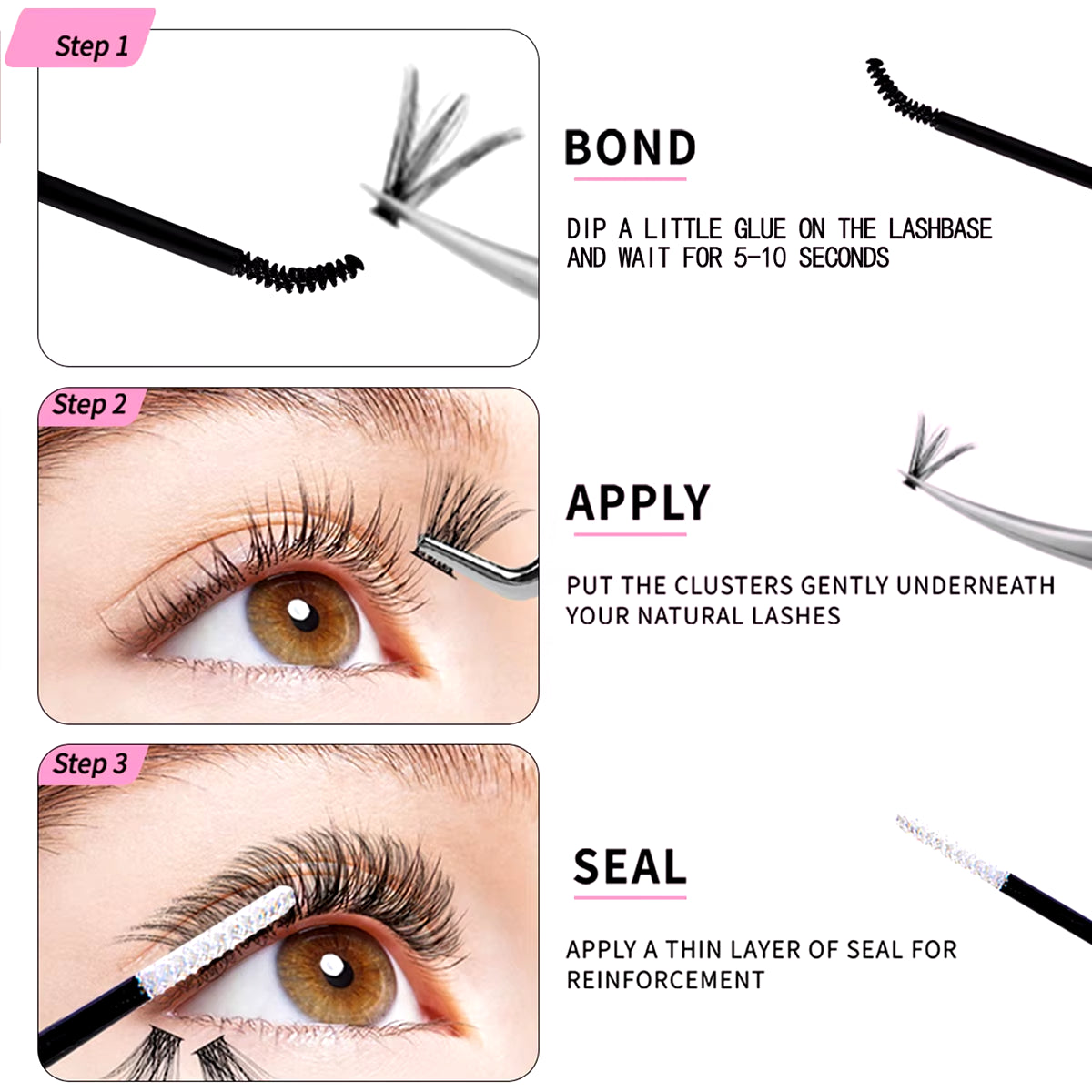 Elevate Your Look with Our DIY Lash Extension Kit – Mix Styles of Lash Clusters, Bond & Seal Remover, Tweezers, and Lash Brush for Flawless Self-Application!