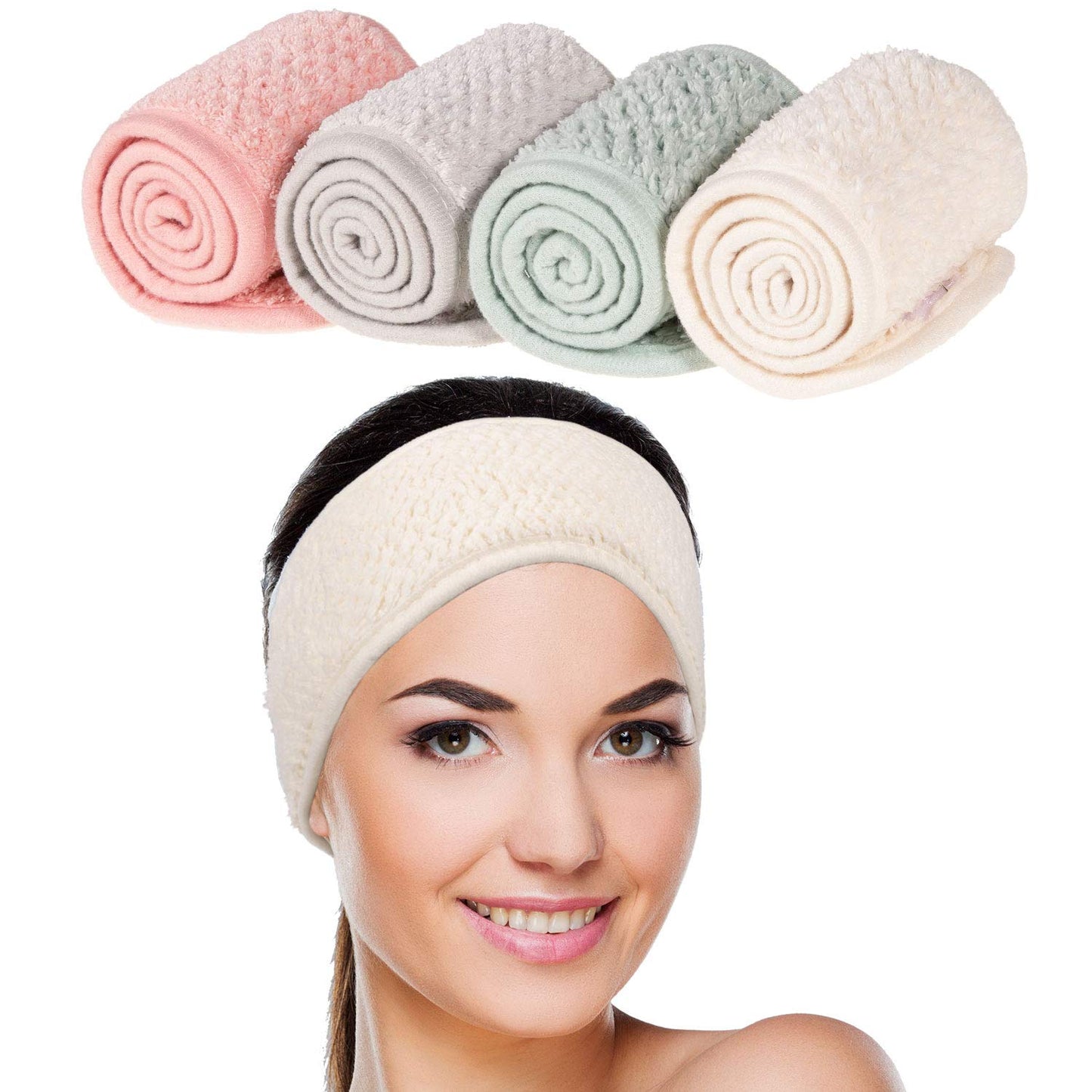 Indulge in Comfort with Our 4 Pack Adjustable Spa Facial Headbands - Perfect for Makeup, Face Washing, and Yoga in Stylish Pea Green, Pink, Beige, and Light Gray