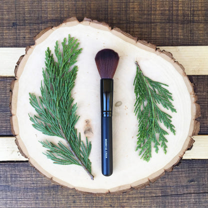 Small Rounded Face Brush • Brown Vegan Faux • Cruelty Free • Matte Black Wood Handle and Black Ferrules • Cream and Powder • Odor + Dye Free