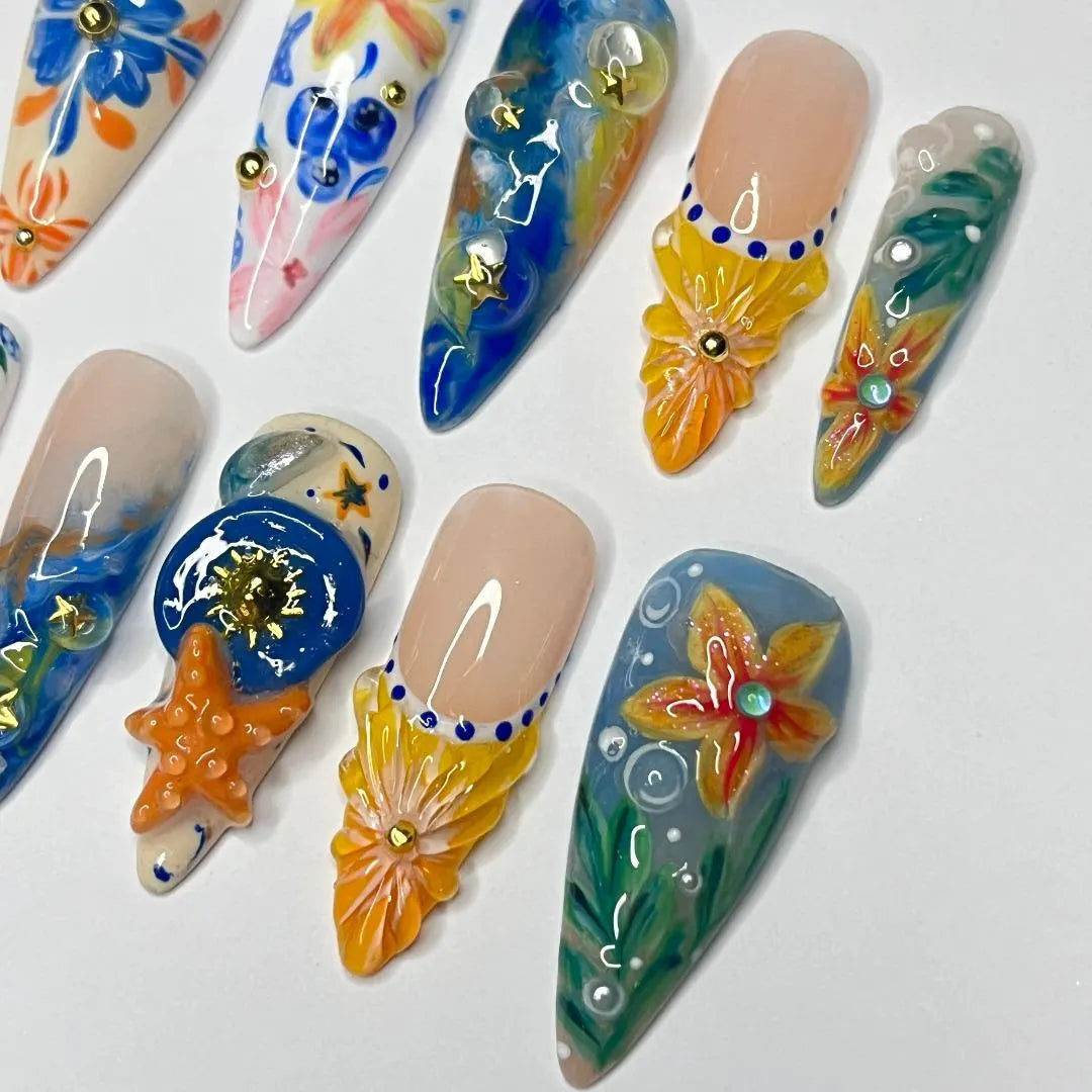 Tropical Bloom Press-On Nails with Starfish | Stunning 3D Floral Design in Long Almond Shape | Handmade Summer Nail Art for Your Next Vacation or Celebration
