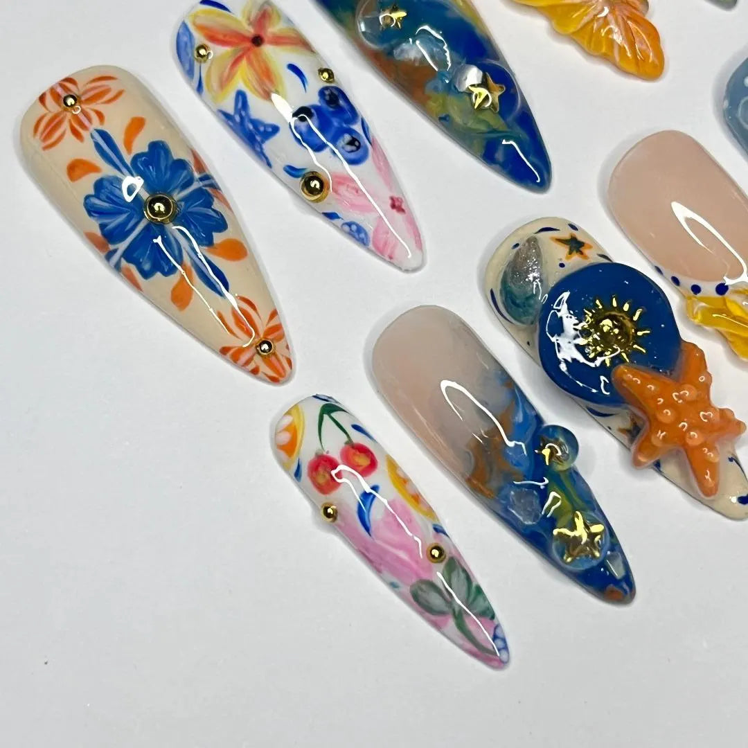 Tropical Bloom Press-On Nails with Starfish | Stunning 3D Floral Design in Long Almond Shape | Handmade Summer Nail Art for Your Next Vacation or Celebration