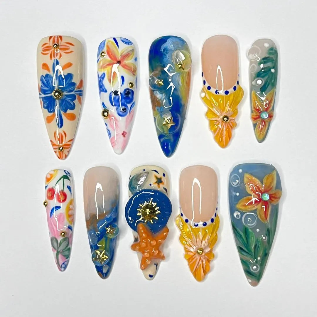Tropical Bloom Press-On Nails with Starfish | Stunning 3D Floral Design in Long Almond Shape | Handmade Summer Nail Art for Your Next Vacation or Celebration