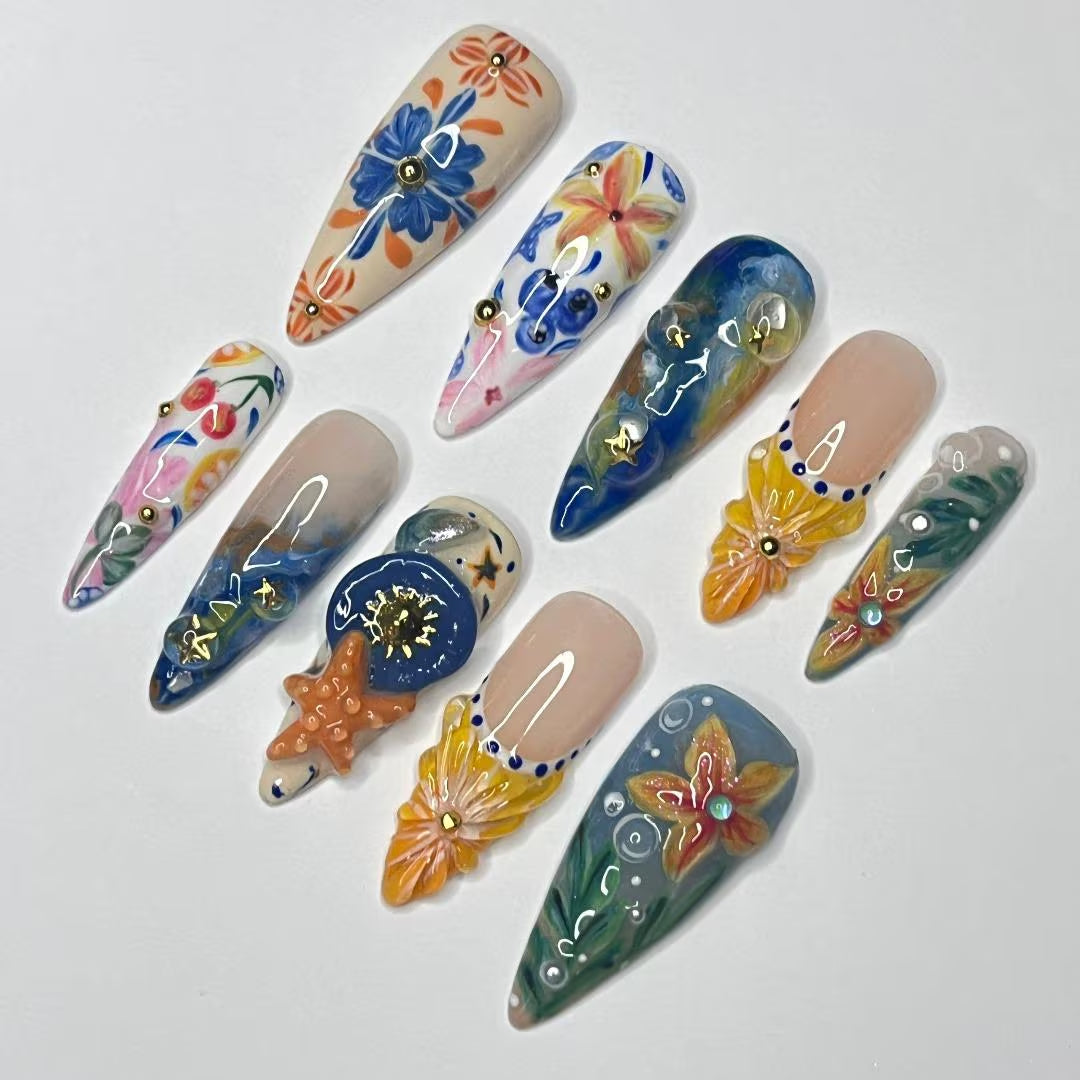 Tropical Bloom Press-On Nails with Starfish | Stunning 3D Floral Design in Long Almond Shape | Handmade Summer Nail Art for Your Next Vacation or Celebration