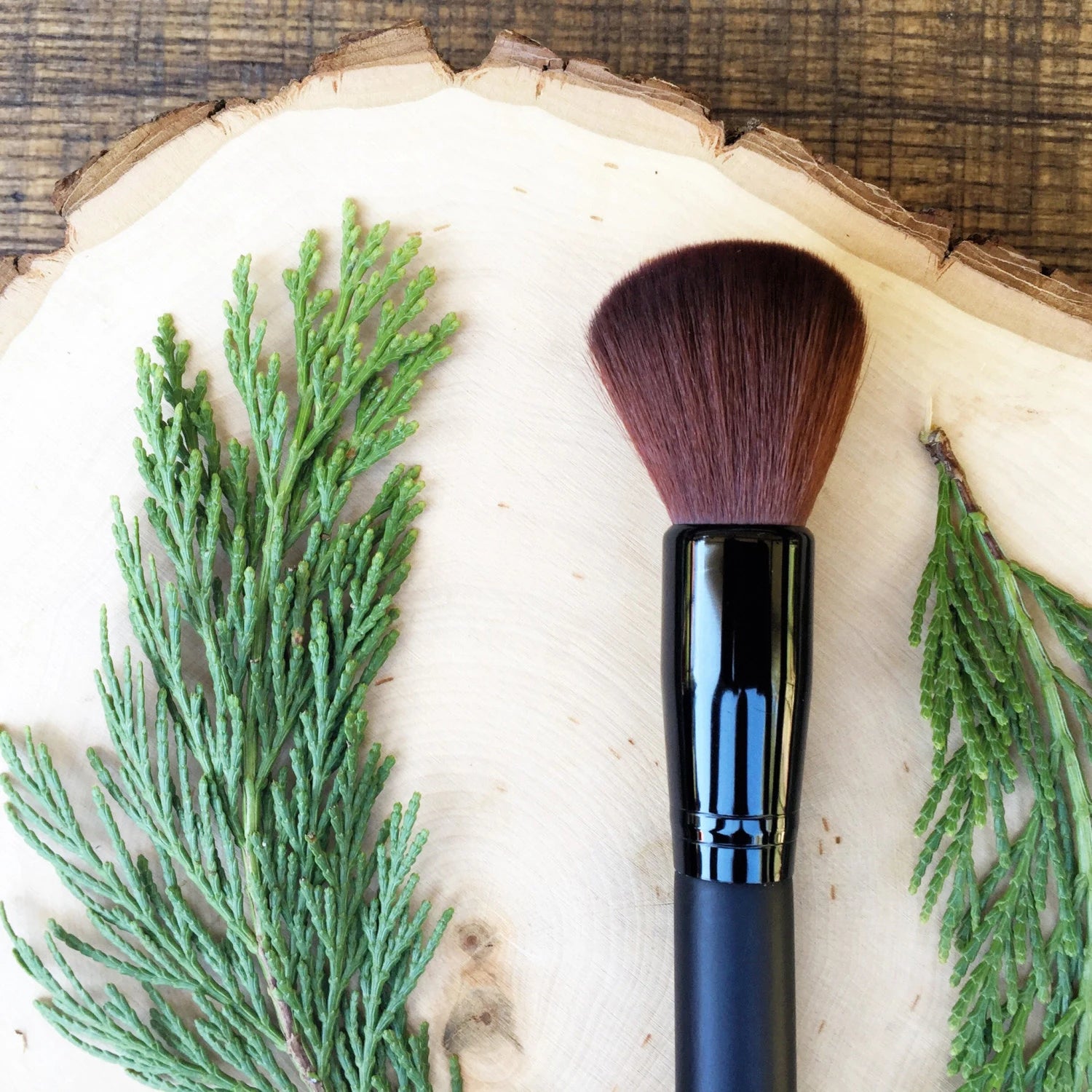 Large Rounded Face Brush • Brown Vegan Faux • Cruelty Free • Matte Black Wood Handle and Black Ferrules • Cream and Powder • Odor + Dye Free
