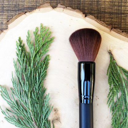 Large Rounded Face Brush • Brown Vegan Faux • Cruelty Free • Matte Black Wood Handle and Black Ferrules • Cream and Powder • Odor + Dye Free