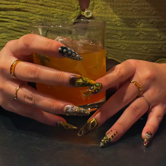 Elevate Your Style with Freestyle Earthy Tone Press-On Nails - Edgy Air Brush Design for Birthday Parties and Holidays!