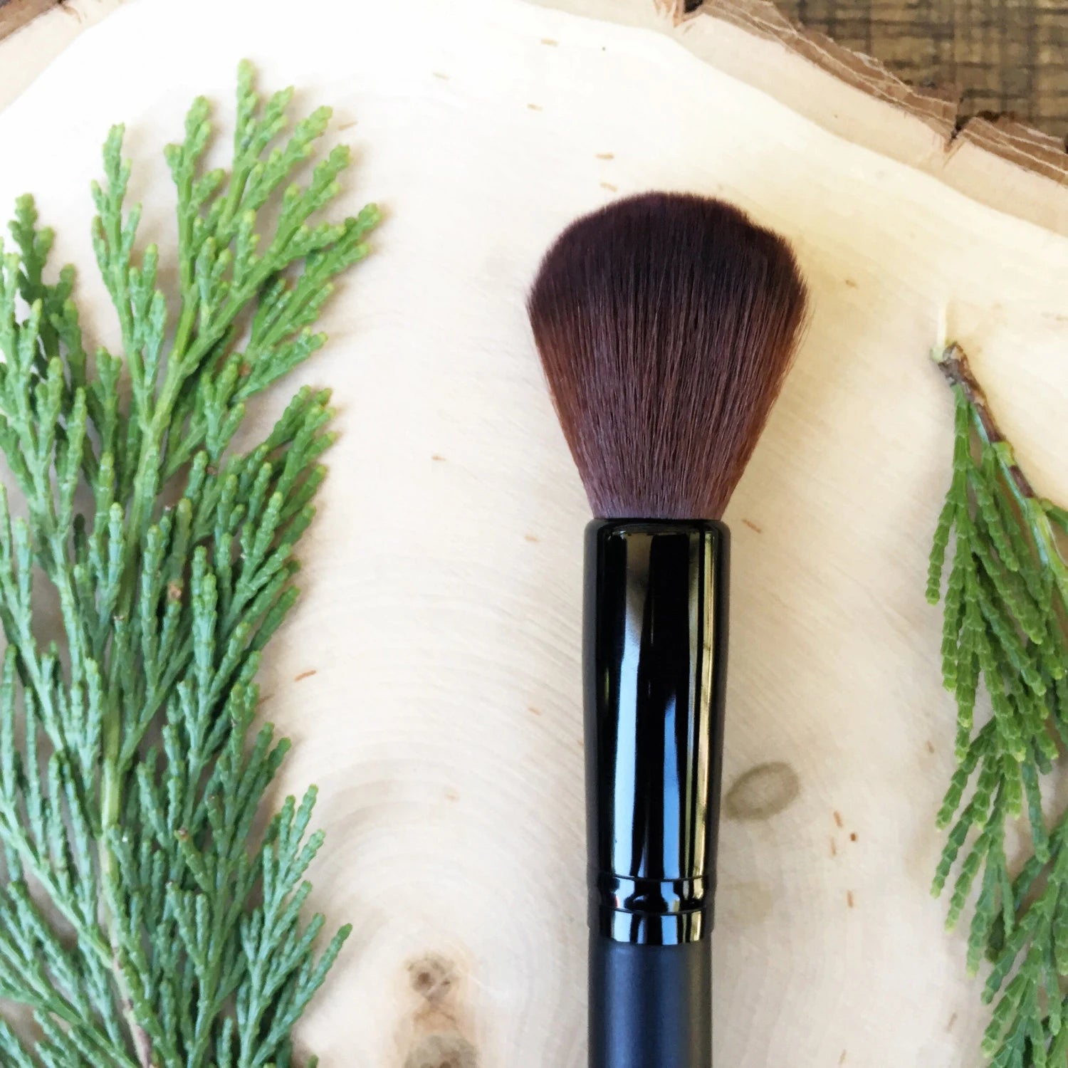 Small Rounded Face Brush • Brown Vegan Faux • Cruelty Free • Matte Black Wood Handle and Black Ferrules • Cream and Powder • Odor + Dye Free