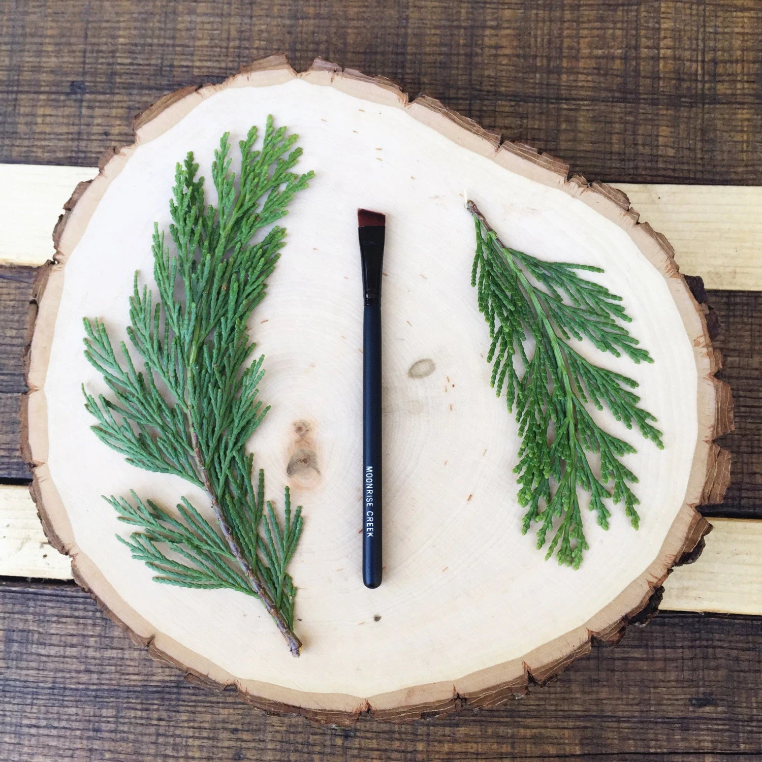 Slant Brush (Eye & Brow) • Brown Vegan Faux • Cruelty Free • Matte Black Wood Handle and Black Ferrules • Cream and Powder • Dye Free