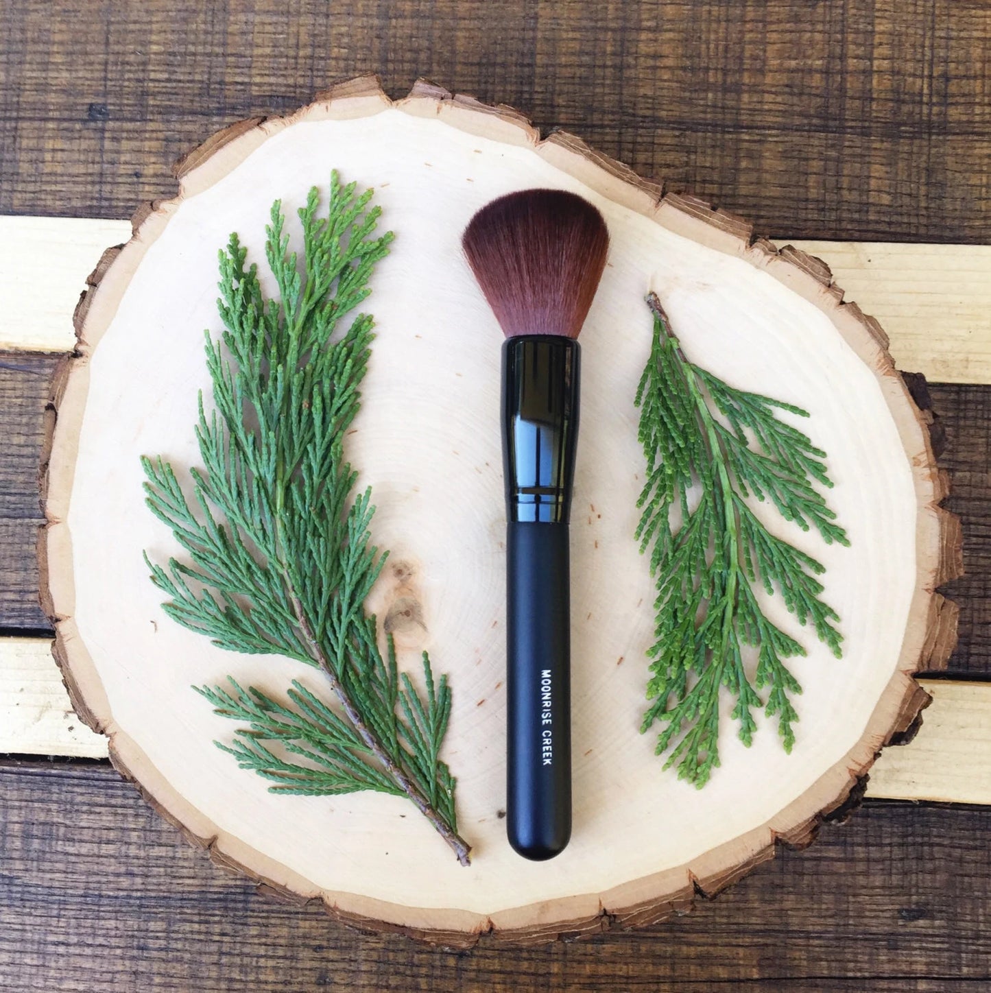 Large Rounded Face Brush • Brown Vegan Faux • Cruelty Free • Matte Black Wood Handle and Black Ferrules • Cream and Powder • Odor + Dye Free