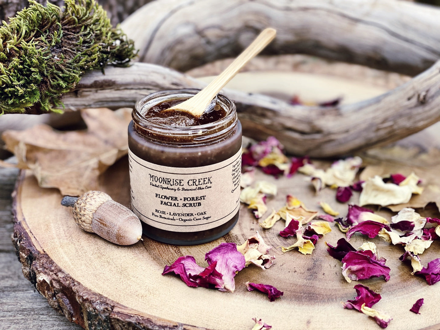 Flower + Forest Face Scrub • Rose + Lavender + Oak • Pure Botanicals • Organic Cane Sugar • Pure Essential Oil