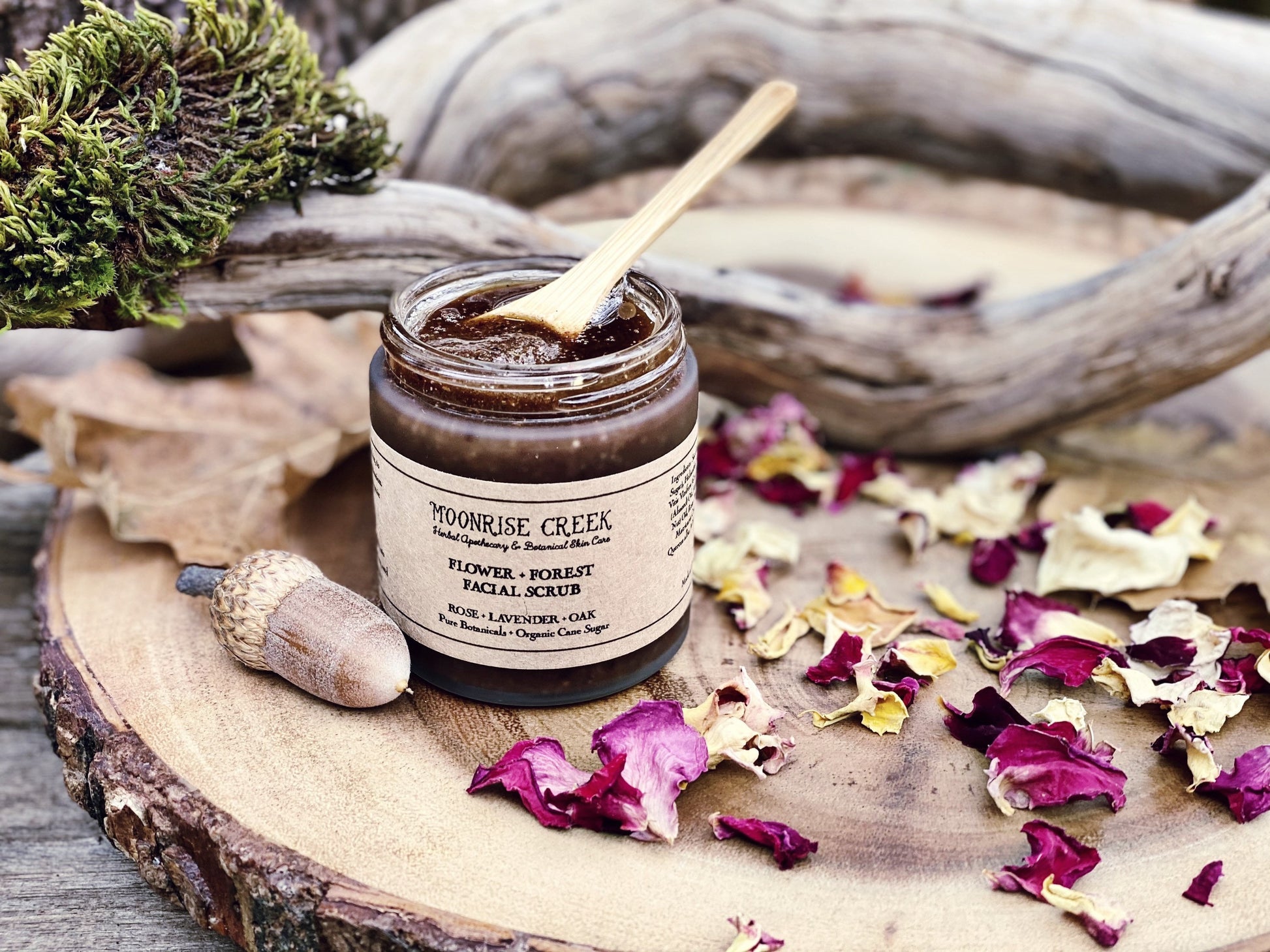 Flower + Forest Face Scrub • Rose + Lavender + Oak • Pure Botanicals • Organic Cane Sugar • Pure Essential Oil