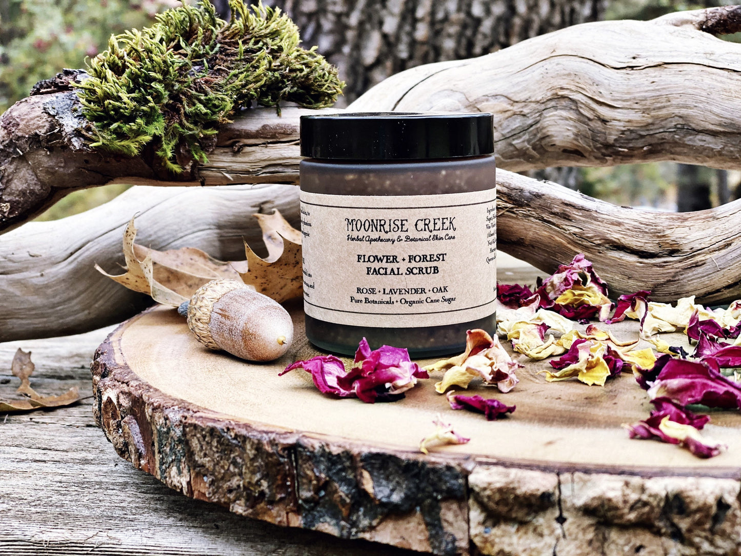 Flower + Forest Face Scrub • Rose + Lavender + Oak • Pure Botanicals • Organic Cane Sugar • Pure Essential Oil