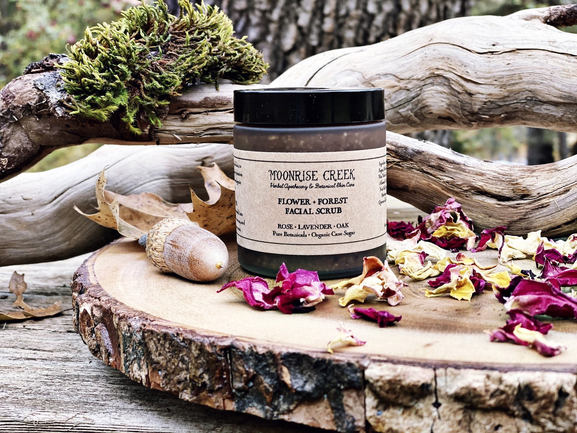 Flower + Forest Face Scrub • Rose + Lavender + Oak • Pure Botanicals • Organic Cane Sugar • Pure Essential Oil