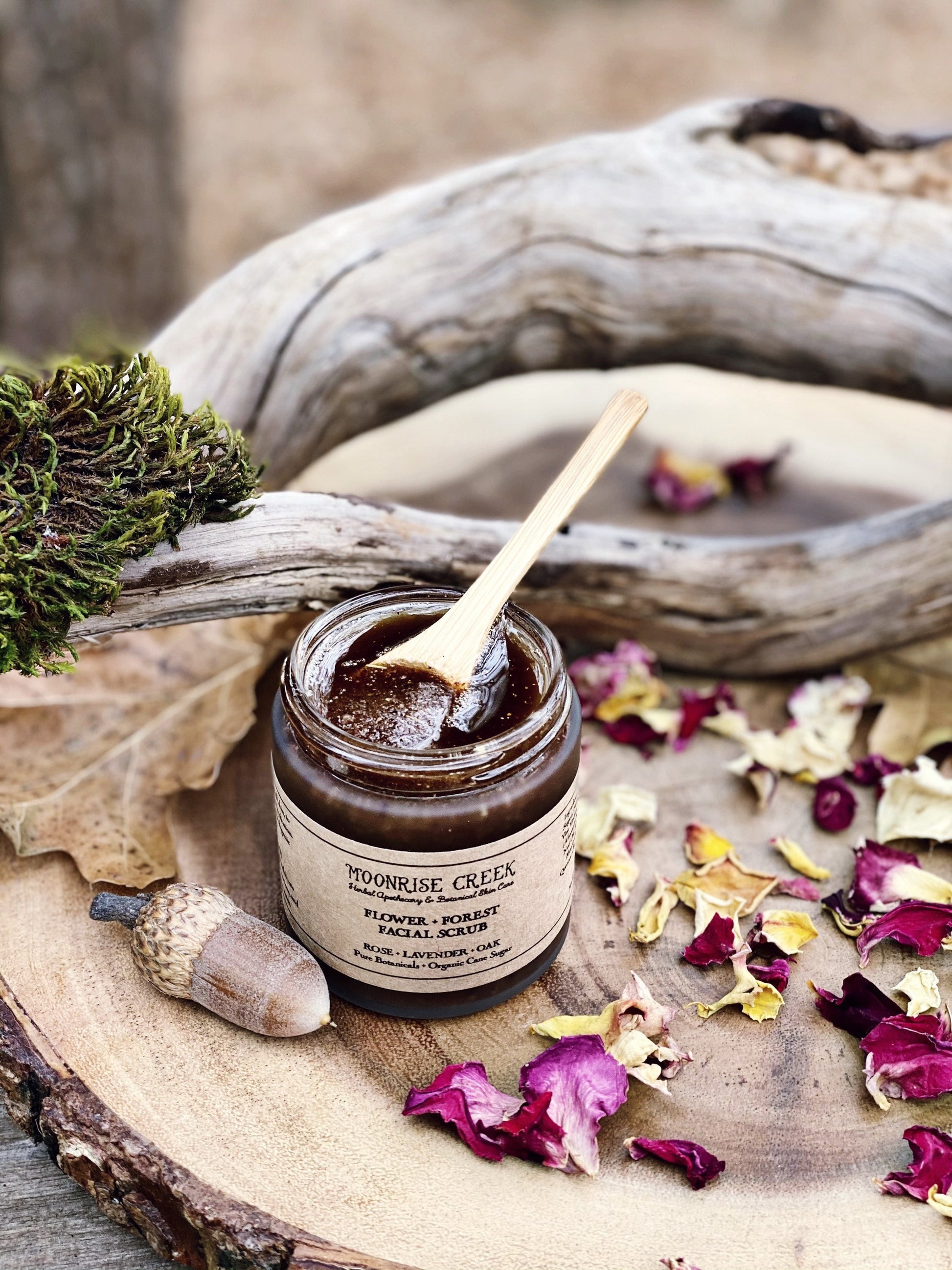 Flower + Forest Face Scrub • Rose + Lavender + Oak • Pure Botanicals • Organic Cane Sugar • Pure Essential Oil