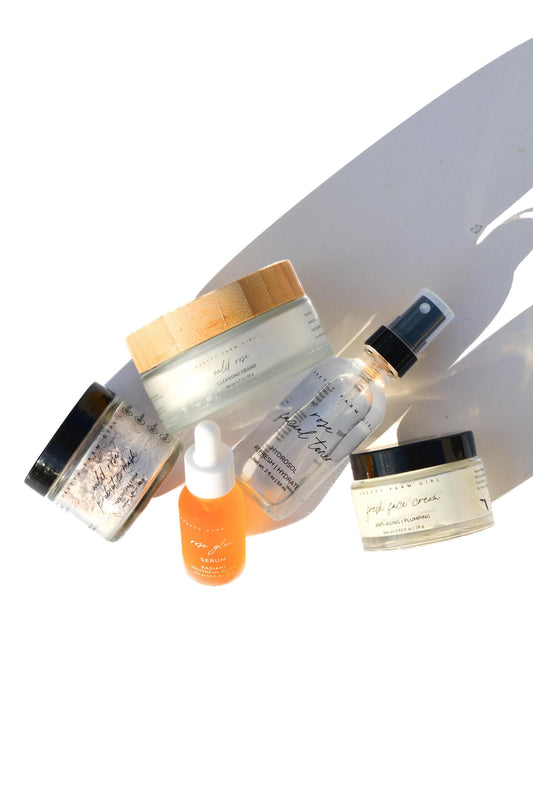 Ultimate Clean Beauty Starter Facial Kit | Rose + White Clay Cleanser | Rose Clay Mask | Fresh Face Cream | Rose Glow Serum | Rose Toner